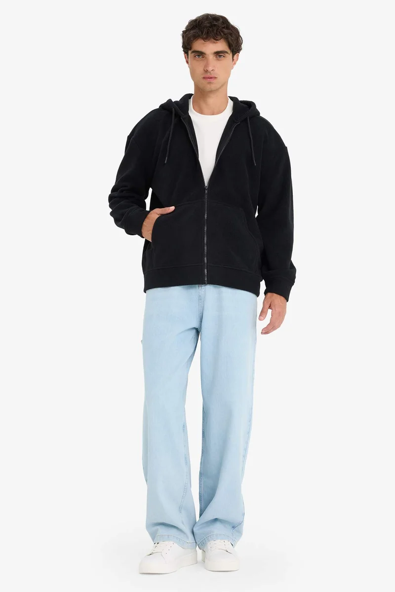 ديفاكتو Boxy Fit Hooded Zippered Fleece Sweatshirt