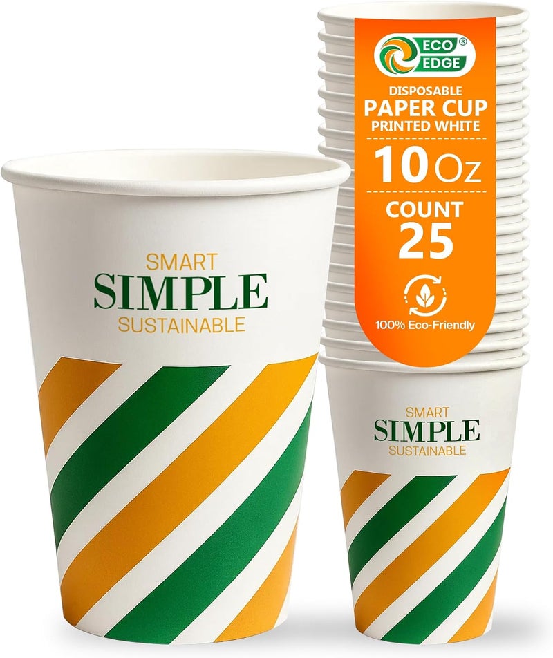 EcoEdge 10 Oz Disposable Heavy-Duty Party Paper Cups (Pack of 25) | For Tea, Coffee or Iced Beverages | Leakproof, Strong, Stackable, Sturdy | Plastic, Chemical and BPA Free Cups | 100% Compostable - Image 1
