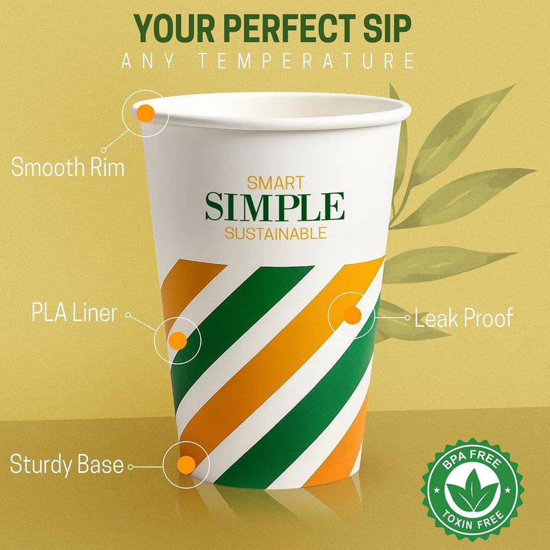 EcoEdge 10 Oz Disposable Heavy-Duty Party Paper Cups (Pack of 25) | For Tea, Coffee or Iced Beverages | Leakproof, Strong, Stackable, Sturdy | Plastic, Chemical and BPA Free Cups | 100% Compostable - Image 5
