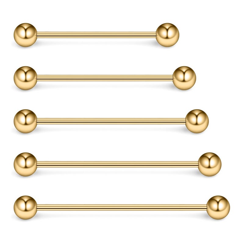 Ruifan 5PCS 16 Gauge Mix Sizes Industrial Barbell Cartilage Earring Body Piercing Jewelry 28mm 32mm 35mm 38mm 40mm - Gold - Image 1