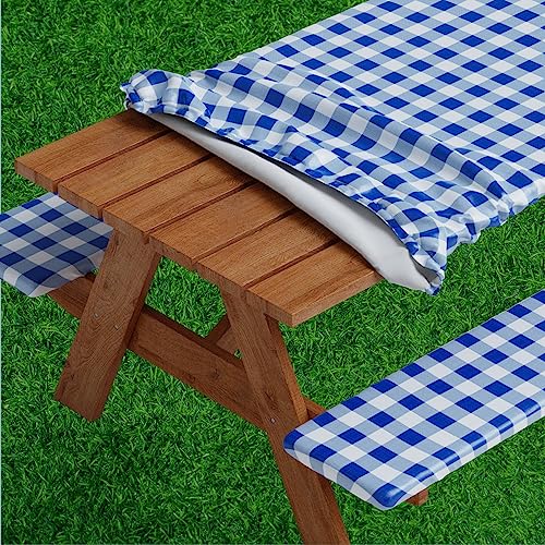 Sorfey Picnic Table Cover with Bench Covers Fitted with Elastic Vinyl with Flannel Back Fits for Table 30x 72 RectangleWater Proof Checked Blue Design