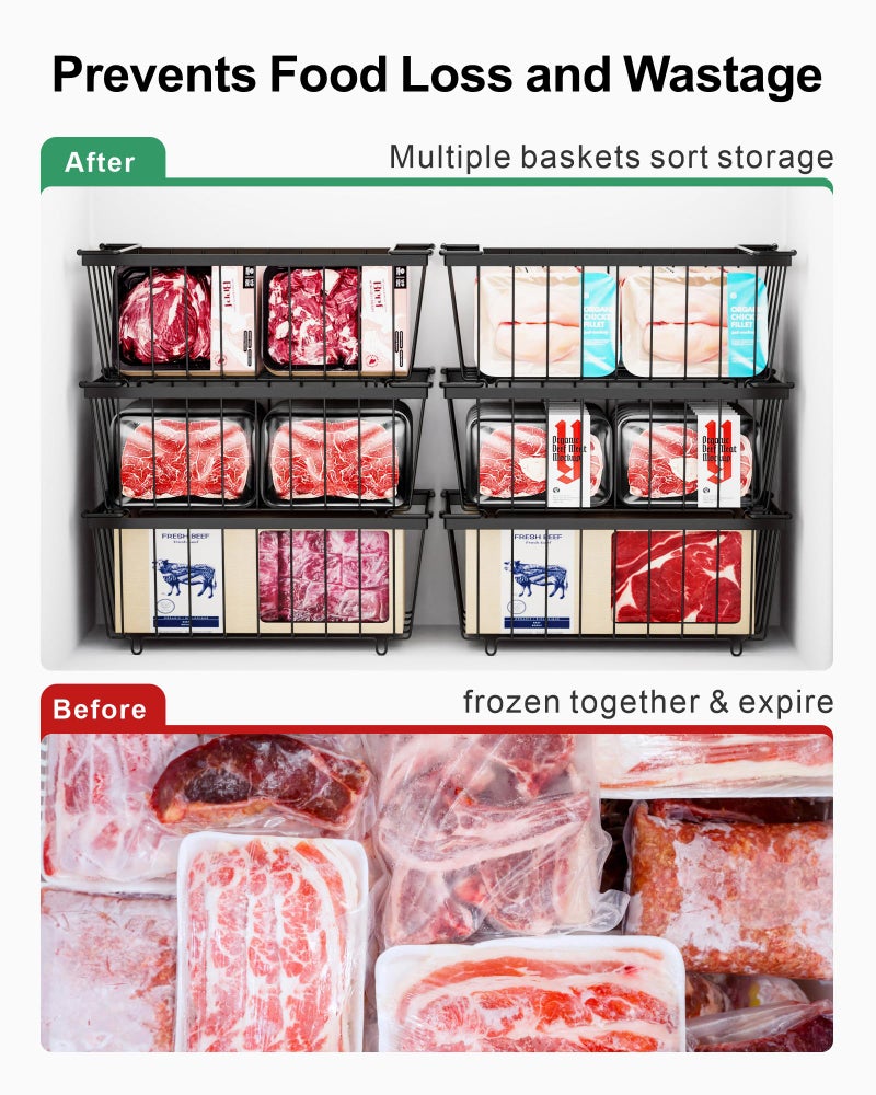 Ispecle Freezer Storage Bins - 6 Pack Small Stackable Deep Freezer Organizer Bins For Most 7 Cu.Ft Chest Freezer Sort Frozen Food  Freezer Basket With Handles Easy To Get Food From Bottom  Black - Image 2