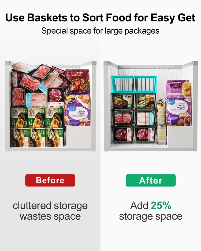Ispecle Freezer Storage Bins - 6 Pack Small Stackable Deep Freezer Organizer Bins For Most 7 Cu.Ft Chest Freezer Sort Frozen Food  Freezer Basket With Handles Easy To Get Food From Bottom  Black - Image 3