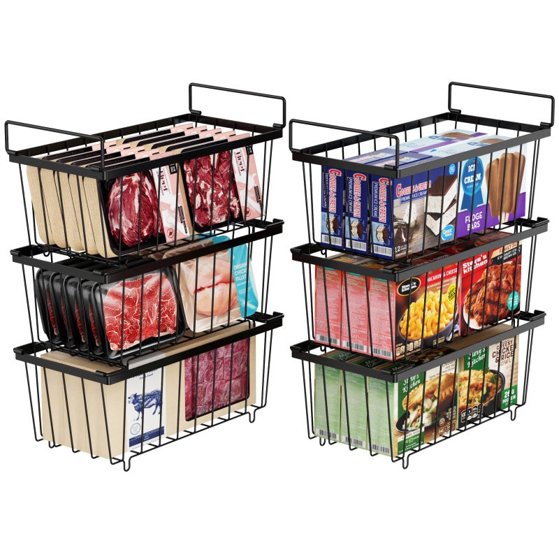 Ispecle Freezer Storage Bins - 6 Pack Small Stackable Deep Freezer Organizer Bins For Most 7 Cu.Ft Chest Freezer Sort Frozen Food  Freezer Basket With Handles Easy To Get Food From Bottom  Black - Image 1