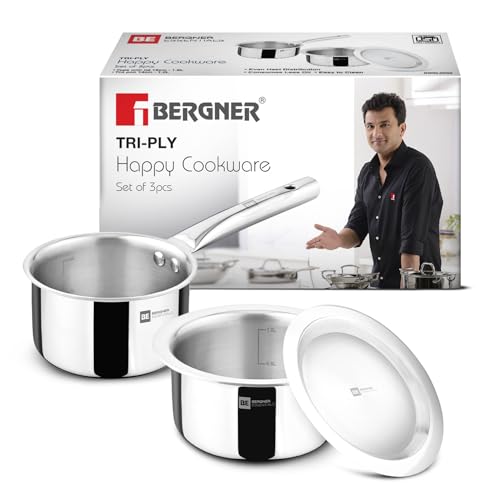 Bergner Tripro Triply 3 Pcs Stainless Steel Cookware Happy Set - Tope with Lid 16cm (1.5L) and Teapan 14cm (1L), Even and Faster Heating, Healthy Cooking, Less Oil Use - Induction and Gas Stove Ready - Image 1