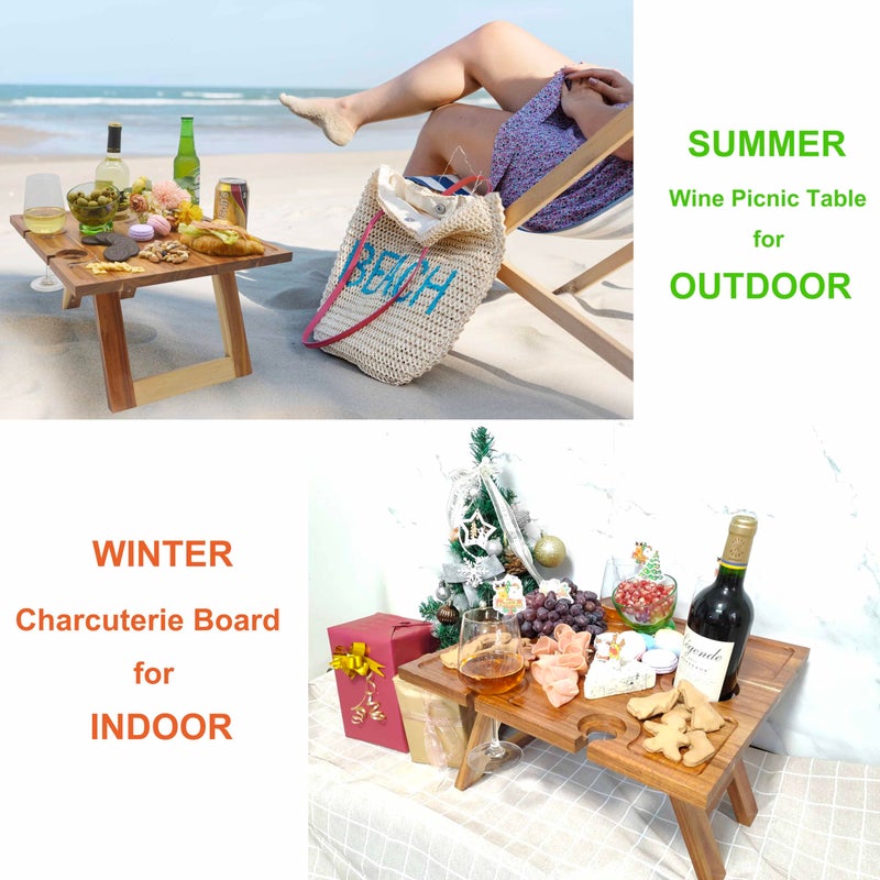 SASIDO Portable Wine Picnic Table, Acacia Wood, Larger Tray Foldable, Charcuterie Board, Wine Gift, Decor for Romantic Camping, Engagement Party, Concerts, Glamping, Winter Adventure - Image 3
