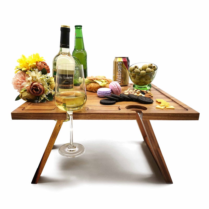 SASIDO Portable Wine Picnic Table, Acacia Wood, Larger Tray Foldable, Charcuterie Board, Wine Gift, Decor for Romantic Camping, Engagement Party, Concerts, Glamping, Winter Adventure - Image 1