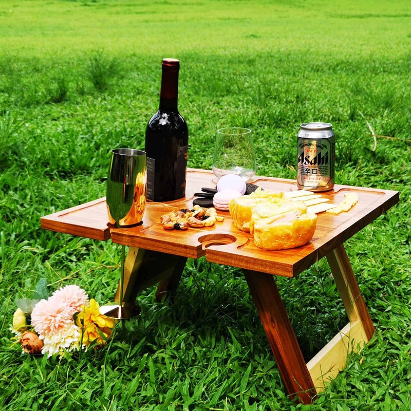 SASIDO Portable Wine Picnic Table, Acacia Wood, Larger Tray Foldable, Charcuterie Board, Wine Gift, Decor for Romantic Camping, Engagement Party, Concerts, Glamping, Winter Adventure - Image 4
