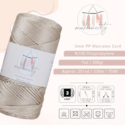 Makromecity, Polyester Macrame Cord 2mm x 250 yards (750 feet) 2mm Polypropylene Latte Macrame Cord Crochet Macrame Bag Cord Crafts for Wall Hangings, Bags, Underplate, Rug - Image 2