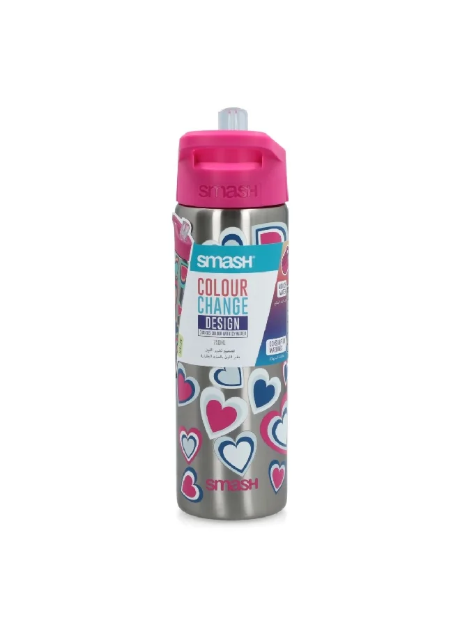 smash Heart Printed Stainless Steel Color Changing Water Bottle Silver and Pink 750 ml 34256