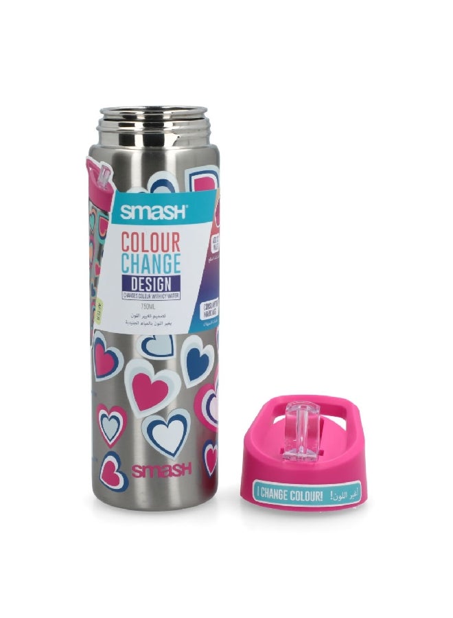 Heart Printed Stainless Steel Color Changing Water Bottle Silver and Pink 750 ml 34256