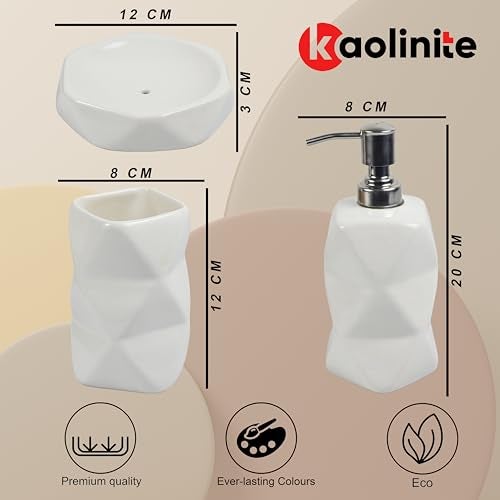 Kaolinite Ceramic Bathroom Accessories Set for Utility and Bathroom Decor | Liquid Soap Dispenser, soap Tray, Toothbrus Holder (White) - Image 3