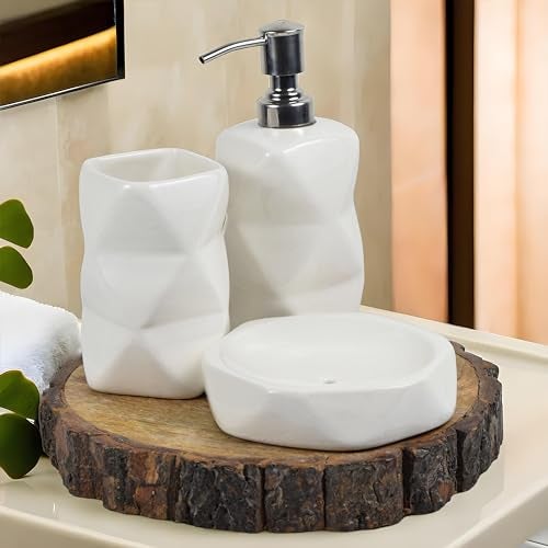 Kaolinite Ceramic Bathroom Accessories Set for Utility and Bathroom Decor | Liquid Soap Dispenser, soap Tray, Toothbrus Holder (White) - Image 1