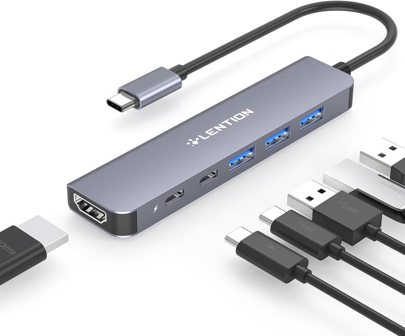 Lention USB C Hub, 6 in 1 USB C to USB Adapter, USB C Multiport Dongle with 4K HDMI, USB C Data Port, USB 3.0, 100W PD Compatible New MacBook Pro/Mac Air, More Type C Devices (CB-CE35s, Space Gray) - Image 1