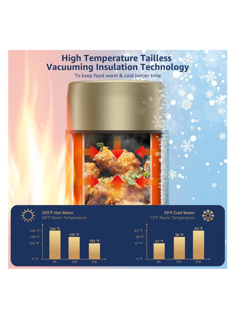 وعاء غذاء معزول فائق الجودة للبالغين - وعاء طعام ساخن بسعة 800 مل من الفولاذ المقاوم للصدأ، بفتحة واسعة، مثالي للمدرسة، المكتب، السفر، والأنشطة الخارجية (ذهبي) - Image 3