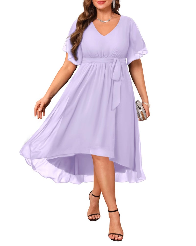 Talisea Lavender Dress Women Plus Size Lilac Bridesmaid Wedding Guest Formal Chiffon Short Sleeve High Low Dresses Light Purple - Image 1