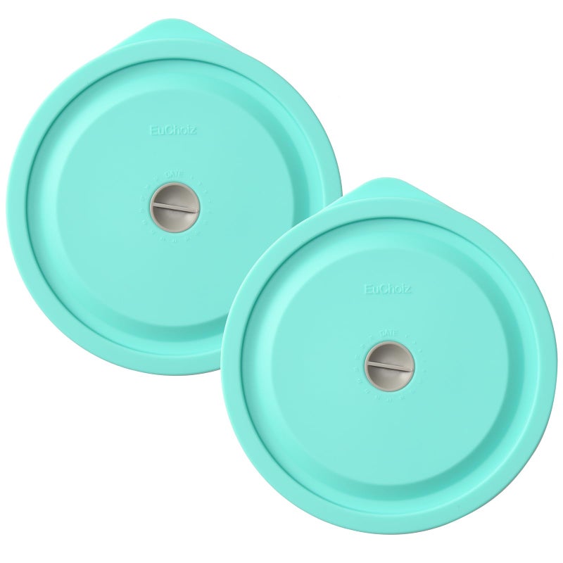 EuChoiz Replacement Lids for Pyrex 7200-PC 2 Cup, Silicone Round Storage Cover Lid for Anchor Hocking Glass Bowl 2 Pack with Date Mark Turquoise - Image 1