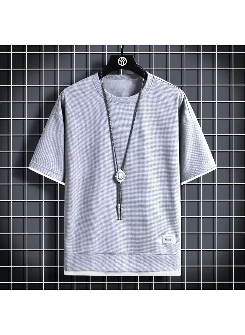 Generic Casual Sportswear Loose-Fit Mens Summer Outfits Korean Trendy Short Sleeve T-shirts 2-Piece Sets TZ01 light gray [single pack] 