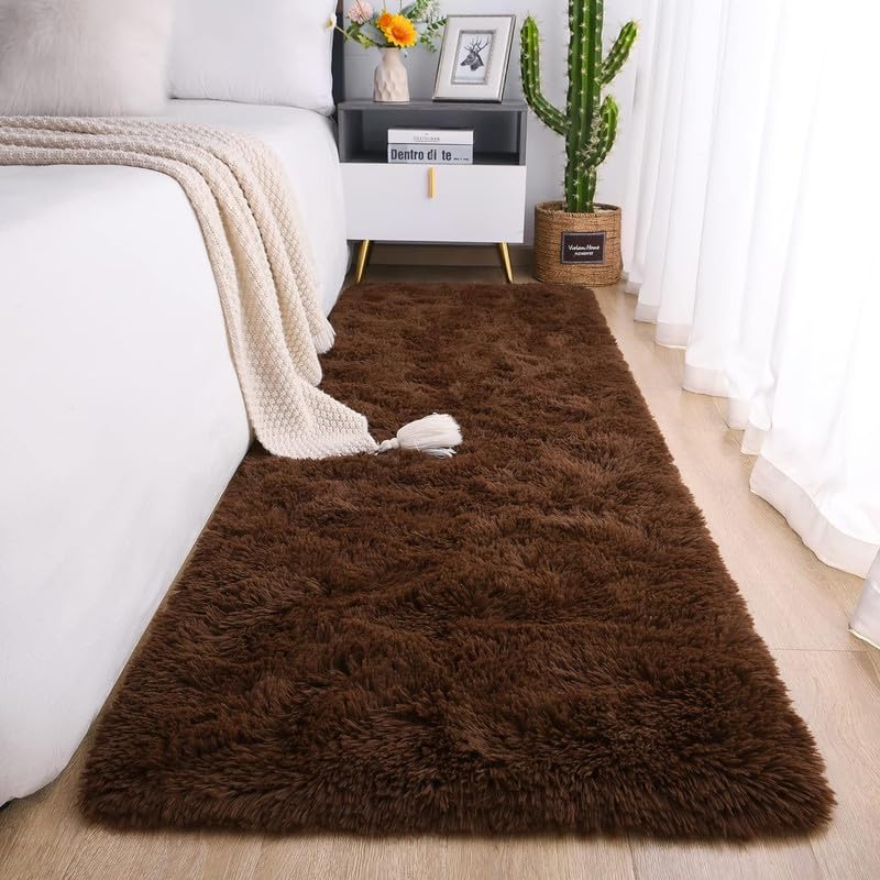 FIASCO Hand Woven Shaggy Carpet Plus Rug for Living Room Bedroom and Polyester Anti Slip Fluffy Fur Rug Shaggy Carpet Modern Runner Lobby Carpet Size 2X3 Brown