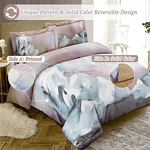 MILDLY 100% Long-Staple Cotton Duvet Cover Queen, Gray Pink Marble Pattern Comforter Cover Set 500TC Watercolor Abstract Reversible Soft & Breathable - Image 4