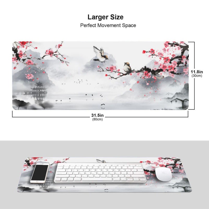 Sweetshow Cherry Blossom Sakura Mouse Pad - 31.5 X 11.8 Inch Pink, Stitched Edges, Rubber Base, Non-Slip, Waterproof, Suitable for Desk/Office/Game - Image 2