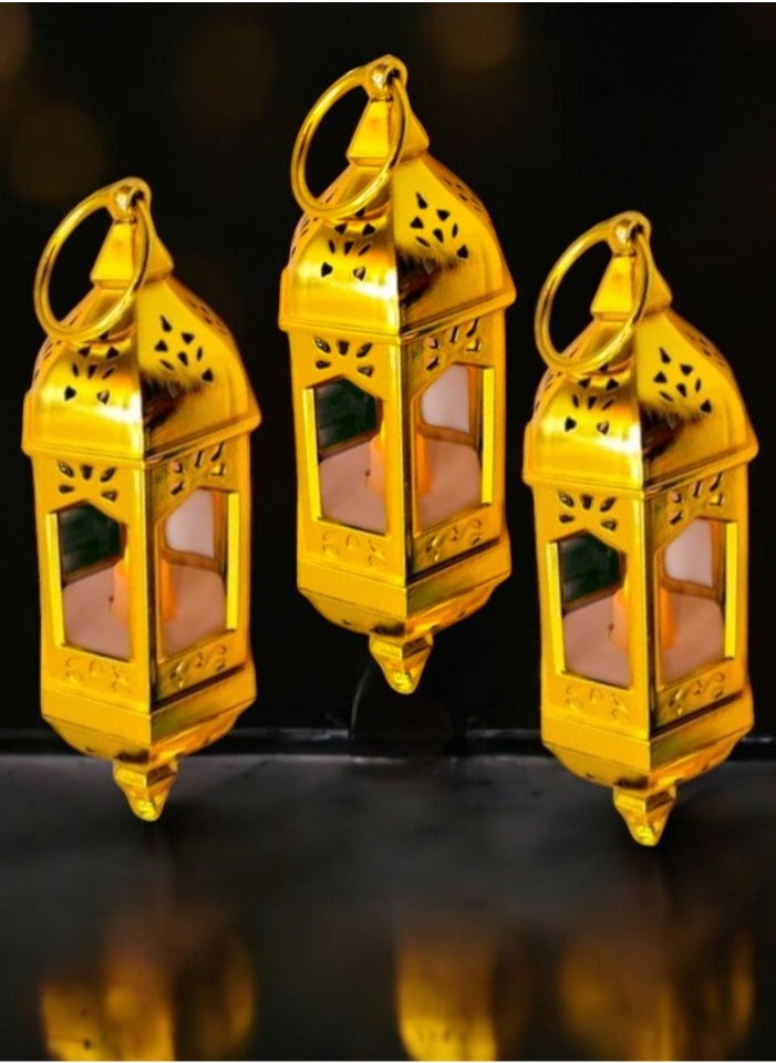 صندوق العاب - 3 قطع من مصابيح LED للزينة الرمضانية المضيئة المعلقة، فانوس رمضان مبارك باللون الذهبي - Image 1