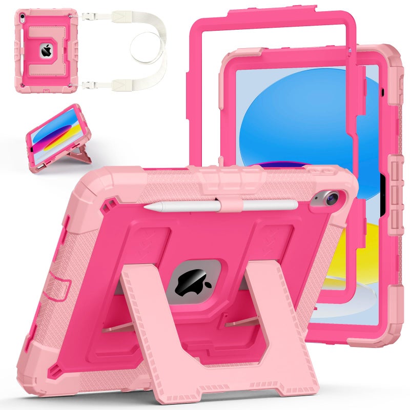 Auorld Case for iPad A16 11th/10th Generation 11/10.9 Inch 2025/2022, Auorld for ipad a16 case 11 in 2025 Military Grade Shockproof Cases with Kickstand Pencil Holder Shoulder Strap, Pink Rose - Image 1