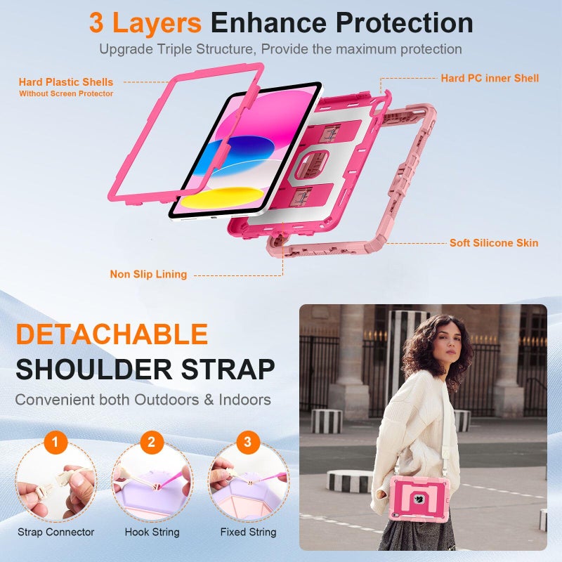 Auorld Case for iPad A16 11th/10th Generation 11/10.9 Inch 2025/2022, Auorld for ipad a16 case 11 in 2025 Military Grade Shockproof Cases with Kickstand Pencil Holder Shoulder Strap, Pink Rose - Image 3