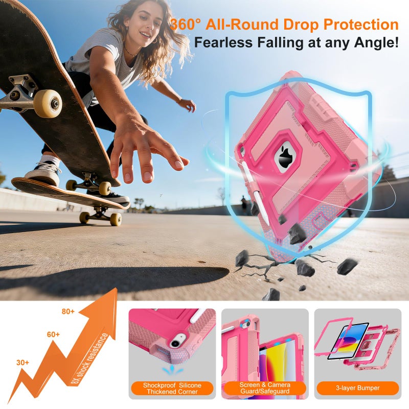 Auorld Case for iPad A16 11th/10th Generation 11/10.9 Inch 2025/2022, Auorld for ipad a16 case 11 in 2025 Military Grade Shockproof Cases with Kickstand Pencil Holder Shoulder Strap, Pink Rose - Image 5