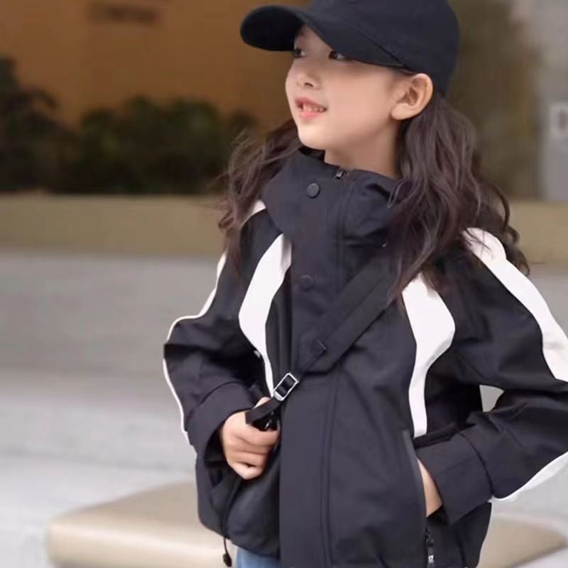 2024 New Style Middle and Large Childrens Casual Coat Stylish Girls Autumn Childrens Korean Style Outdoor Hooded Rush Clothes Fashionable Black slanted jacket 