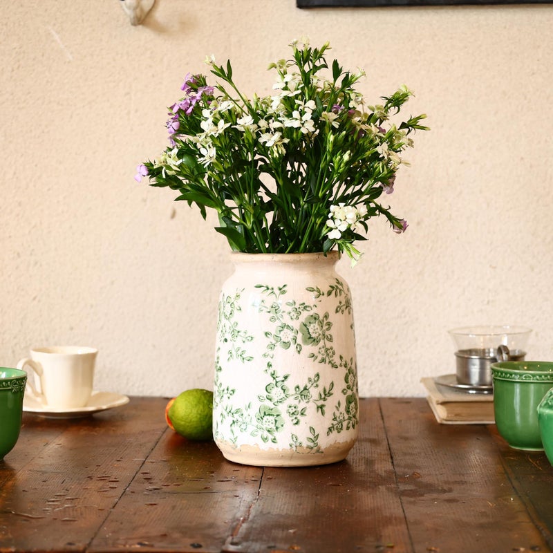 Ronasip Vintage Blue and White Chinoiserie Ceramic Vase, 6.9â€ Hand-Painted Peony Floral Design, Antique Style Vases for Home Decor, Centerpieces, Living Room, Balcony (Green and White) - Image 4