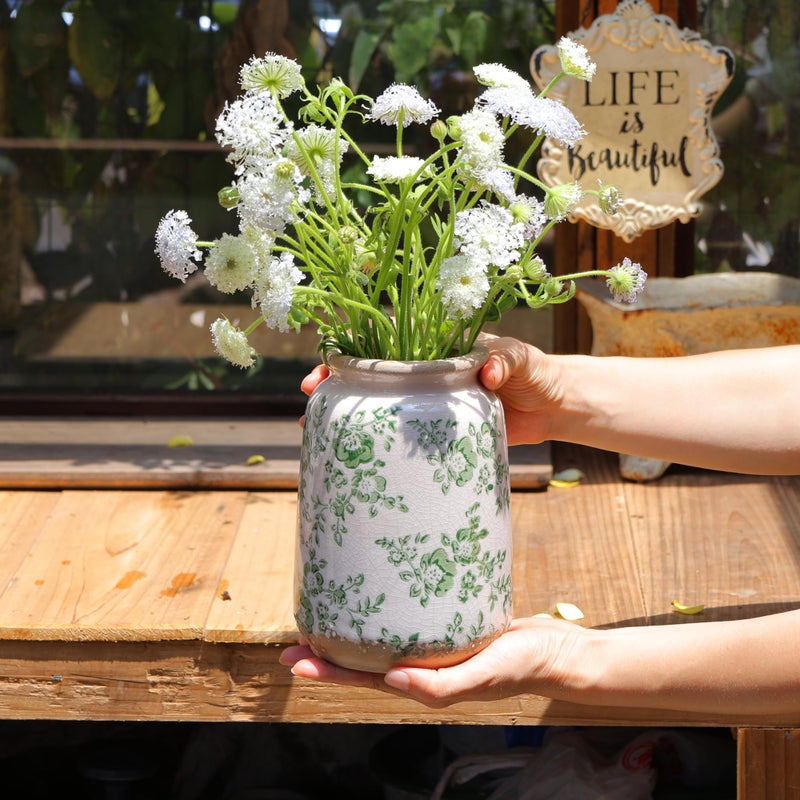 Ronasip Vintage Blue and White Chinoiserie Ceramic Vase, 6.9â€ Hand-Painted Peony Floral Design, Antique Style Vases for Home Decor, Centerpieces, Living Room, Balcony (Green and White) - Image 3