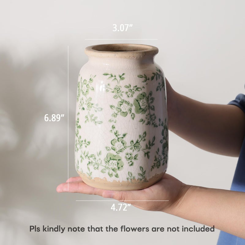 Ronasip Vintage Blue and White Chinoiserie Ceramic Vase, 6.9â€ Hand-Painted Peony Floral Design, Antique Style Vases for Home Decor, Centerpieces, Living Room, Balcony (Green and White) - Image 5