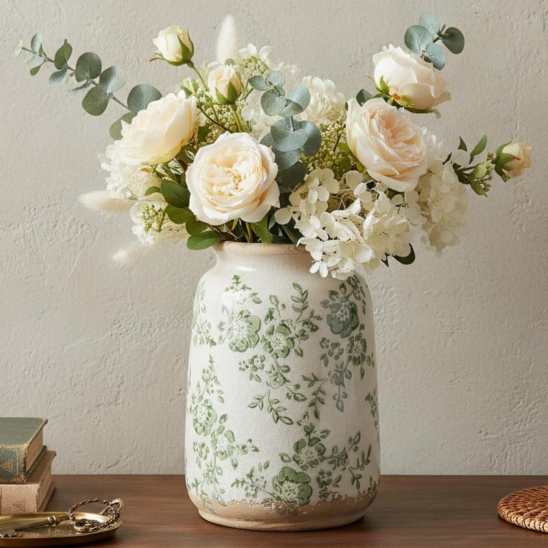 Ronasip Vintage Blue and White Chinoiserie Ceramic Vase, 6.9â€ Hand-Painted Peony Floral Design, Antique Style Vases for Home Decor, Centerpieces, Living Room, Balcony (Green and White) - Image 1