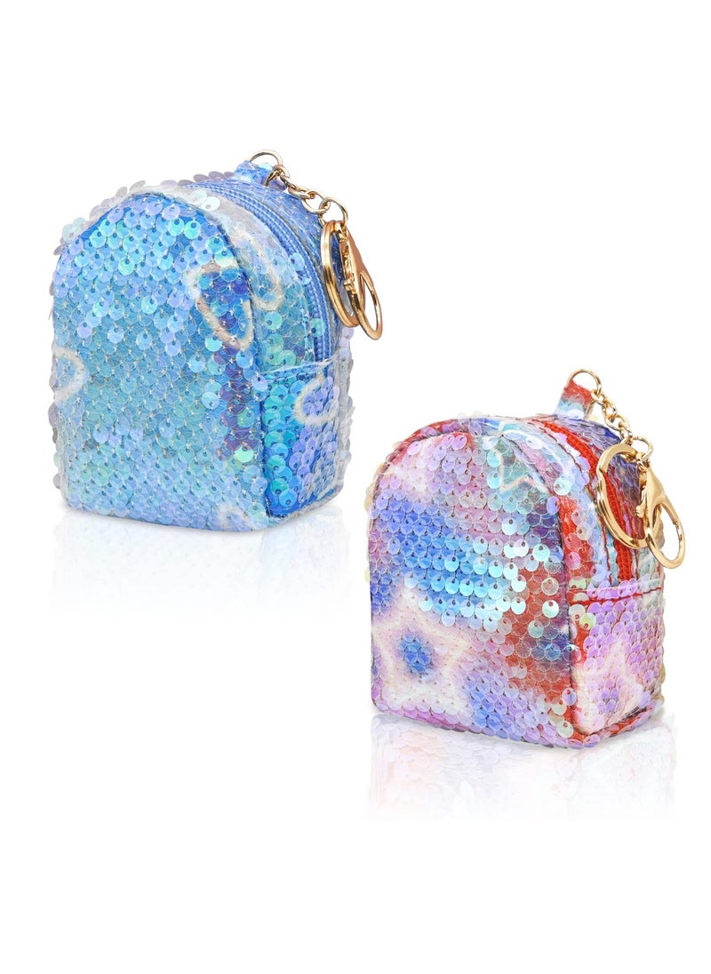 SYOSI Sequins Coin Purse 2Pcs Stylish and Portable Key Wallet for Women and Girls Purses Keychain Cute Change Bagswith Keyring and Zipper for Working Travelling Shopping Party Blue Red  - Image 1
