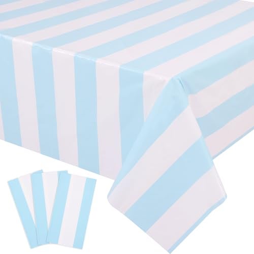 Kesfey 3 Packs Light Blue and White Striped Table Cloth 54 x 108 Inches Bluey Stripe Table Cover Disposable Plastic Beach Tablecloths Waterproof Rectangle Picnic Tablecover for Pool Birthday Party - Image 1