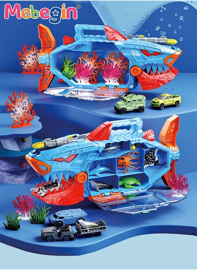 MEBEGIN Shark Ocean Animal Toys Set with Rich Sea Creatures, Shark Truck Toy with Torpedos Launching Function, Double-Side Storage and Portable Handle, Educational Bath Toys, Ideal Gift for Kids Aged 3+  - Image 2