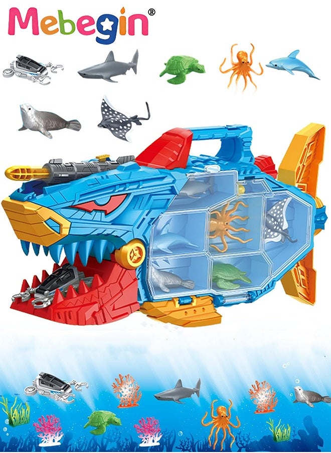 MEBEGIN Shark Ocean Animal Toys Set with Rich Sea Creatures, Shark Truck Toy with Torpedos Launching Function, Double-Side Storage and Portable Handle, Educational Bath Toys, Ideal Gift for Kids Aged 3+  - Image 1