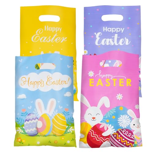 Jocomoni 100Pcs Easter Goodie Bag Plastic Treat Bag with Handle Egg Bunny Gift Bags Colorful Goodie Bags for Easter Party Favor Supplies Classroom Gift Exchange - Image 1
