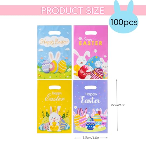 Jocomoni 100Pcs Easter Goodie Bag Plastic Treat Bag with Handle Egg Bunny Gift Bags Colorful Goodie Bags for Easter Party Favor Supplies Classroom Gift Exchange - Image 3
