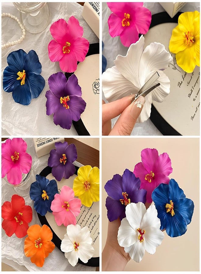 SCORYULE 9PCS Different-Colored Flower Hair Clips for Girl and Women, 4" Hibiscus Hawaiian Hair Clips for Summer Vacation, Beach Party Accessories - Image 3