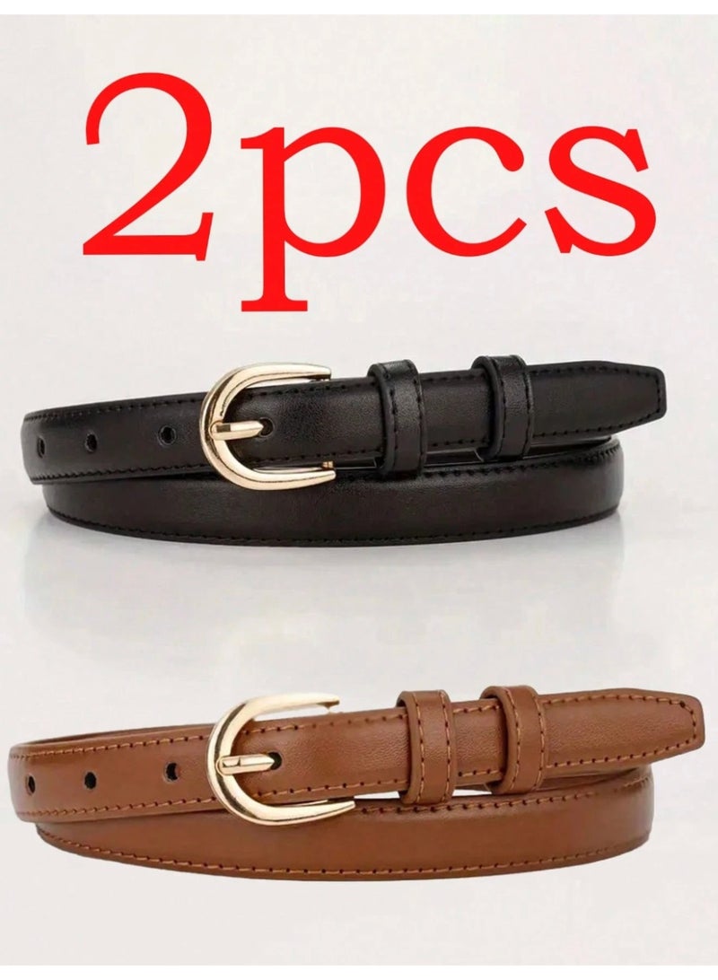 Shein 2pcs Solid Color Casual PU Leather Belt, Minimalist Design, Suitable For Women In Summer, - Image 1