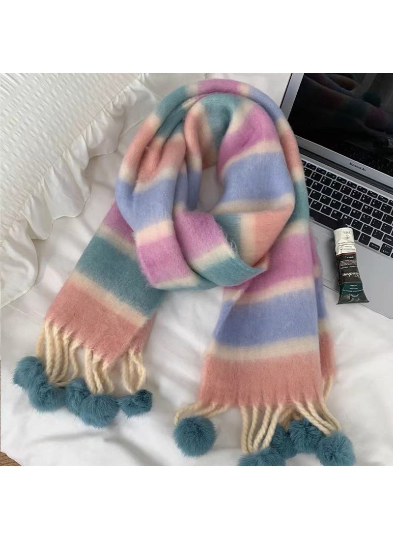 Generic - Striped Mohair Scarf Rainbow Tassel Shawl blue and pink - Image 1
