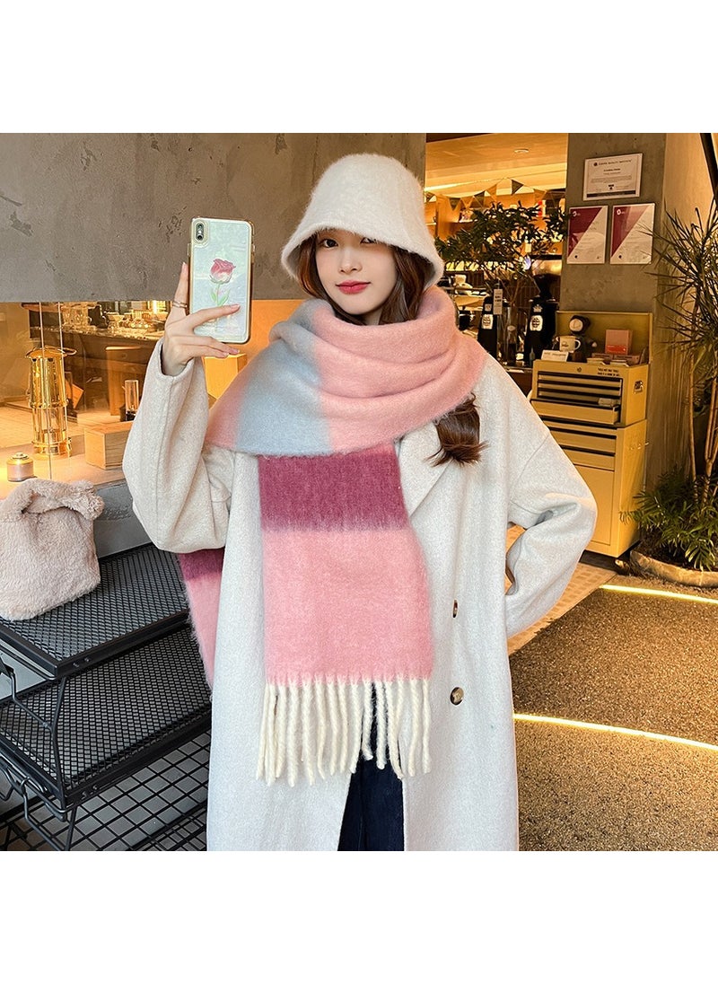 Generic - Striped Mohair Scarf Rainbow Tassel Shawl blue and pink - Image 1