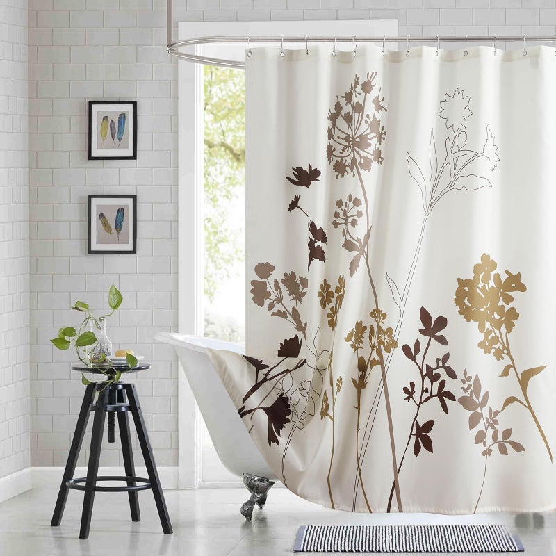 BESTRIPES Floral Fabric Shower Curtain Beige Brown Grey Plant Shower Curtains for Bathroom Waterproof Bathroom Curtains 72 W x 72 H