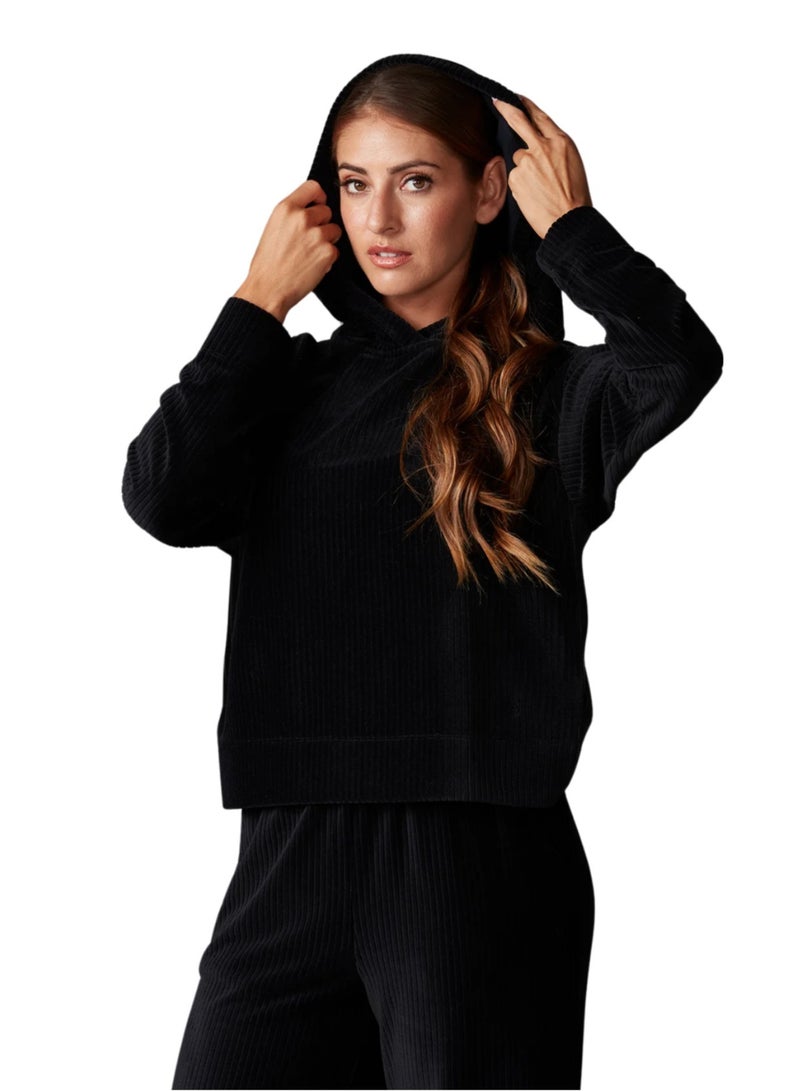 Tavi Brushed Rib Pullover Hoodie Ebony - Image 3