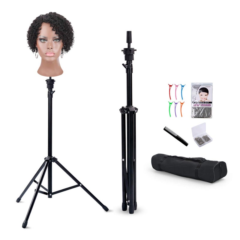 Klvied Klvied Reinforced Wig Stand Tripod Mannequin Head Stand Adjustable Holder for Cosmetology Hairdressing Training with Twith Caps TPins Comb Hair Clip Carrying Bag