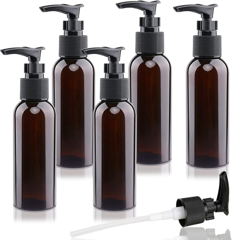 BOMEX 5 Pack Travel Bottles Pump Bottles Dispenser 3.4oz/100ml Plastic Lotion Pump Bottle Clear Travel Toiletry Bottles with Extra 1 Pump Leak Proof for Makeup Cosmetic Containers (Brown) - Image 1