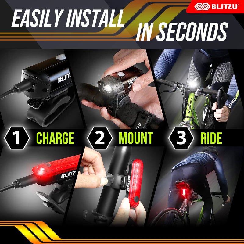 BLITZU Bike Lights, Super Bright Bicycle USB-C Rechargeable Headlight, Taillight & Bell Set, Waterproof Safety Front & Rear Back light for Night Riding, Easy to Install for Men Women Kids Road Cycling - Image 2