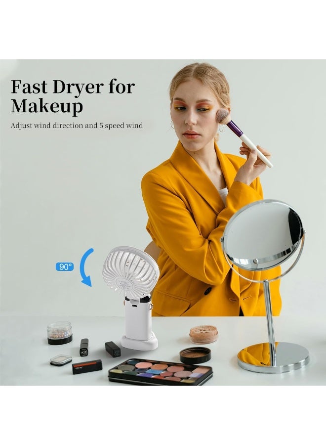 مروحة محمولة باليد، تدوم 12 ساعة، ببطارية مطورة 3200 مللي أمبير مع شاشة LED، قابلة للطي بزاوية 90°، 5 سرعات رياح، 3 في 1 (يدوي/رقبة/مكتبي)، مروحة صغيرة شخصية، مثالية للنساء أثناء المكياج (أبيض) - Image 5